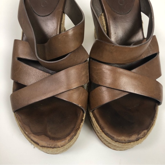 Jimmy Choo Cork Wedge 38 Heels Sandals Camel Brown Leather Strappy Shoes - Picture 3 of 10